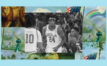 The UCLA basketball forward Jalen Hill is cheered on by a stadium of fans after scoring against a rival team. The image is set into a frame featuring The Experiment’s show art