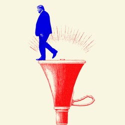 A red-and-blue illustration of Trump walking off a megaphone