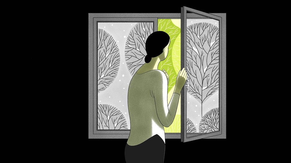 illustration of a woman looking out of a window