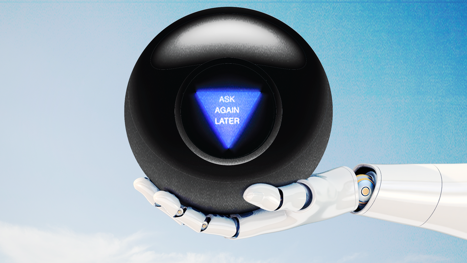 Illustration showing a robot hand holding a Magic 8 Ball with a message that reads: "Ask again later"