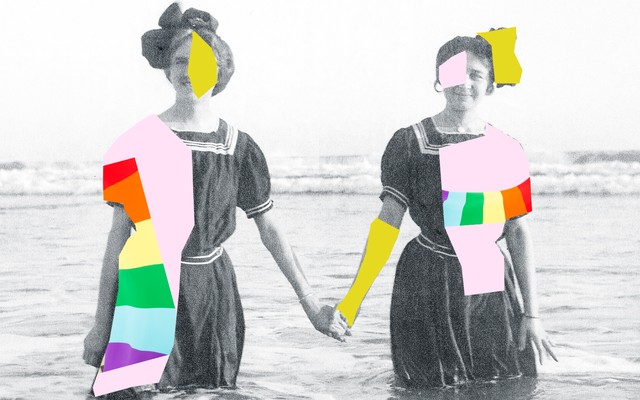 A black-and-white photo of two women holding hands while standing in the ocean is overlaid with colorful graphic shapes.