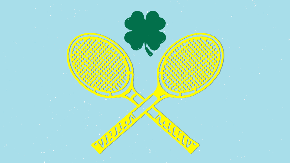 An illustration of a four-leaf clover over two crossed tennis rackets