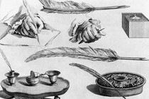 An illustration of multiple 18th-century writing instruments, including quills and inkpots