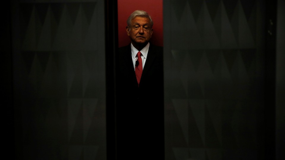 Mexico presidential candidate Andres Manuel Lopez Obrador boards an elevator