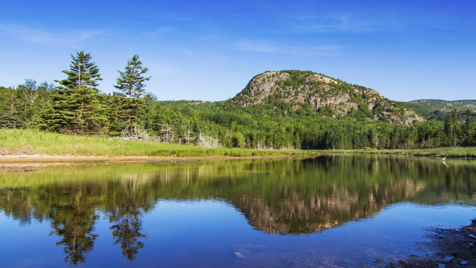 A short mountain stands beyond a lake, surrounded by trees, in Maine's Acadia National Park