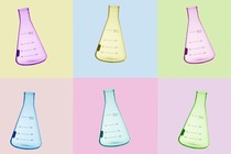 Six multicolor lab flasks