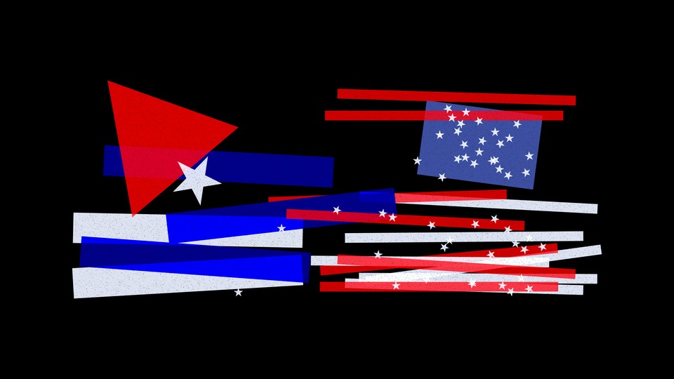 An illustration of the Cuban and American flags next to each other, with the pieces falling apart