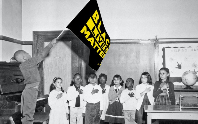Photo illustration of a student waving a Black Lives Matter banner in a classroon