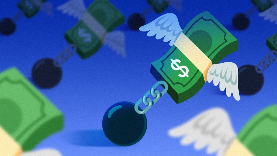 A winged stack of cash is held down by a ball and chain.