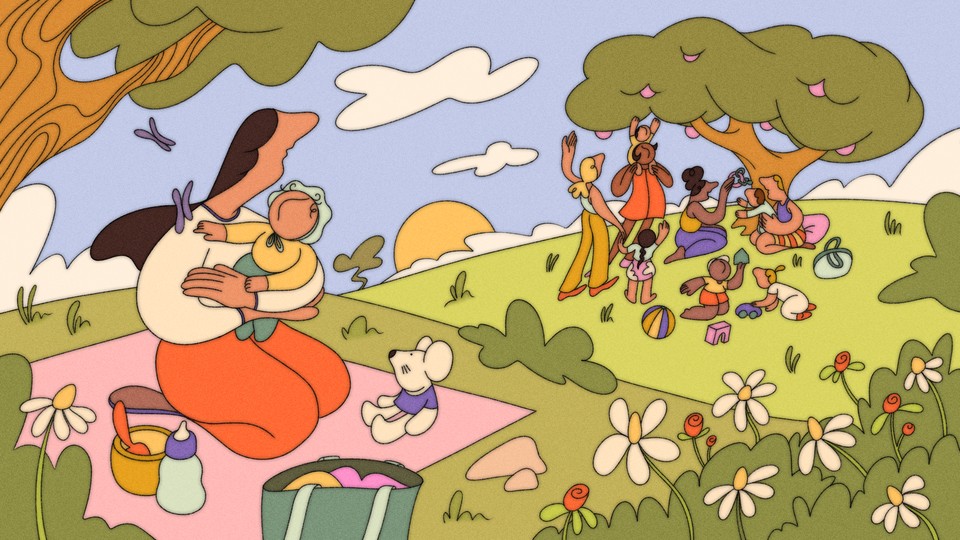 An illustrations of a mother with a baby looking into the distance at a group of parents with children