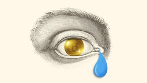 Illustration of a Bitcoin inside an eye with a teardrop falling