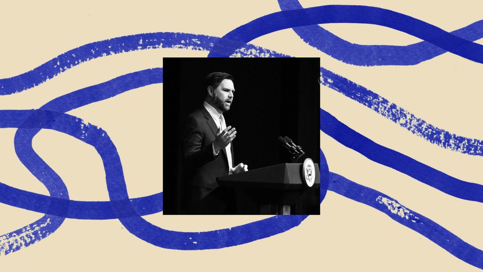 An inset photo of J.D. Vance speaking at a podium, surrounded by a blue and beige illustrated border.