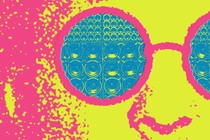 A psychedelic illustration of a man with speakers for eyes