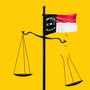 Illustration of the North Carolina state flag balancing a broken scales of justice