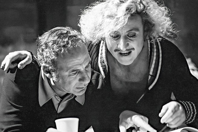 black-and-white photo of Brooks with Gene Wilder in character from "Young Frankenstein"