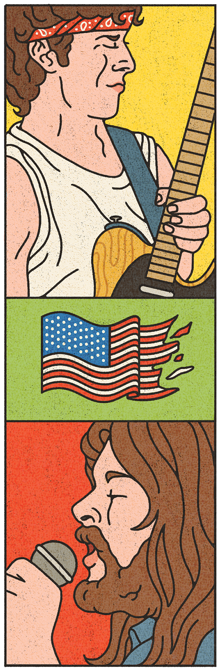 illustration with square portraits of heartland rockers and U.S. flag