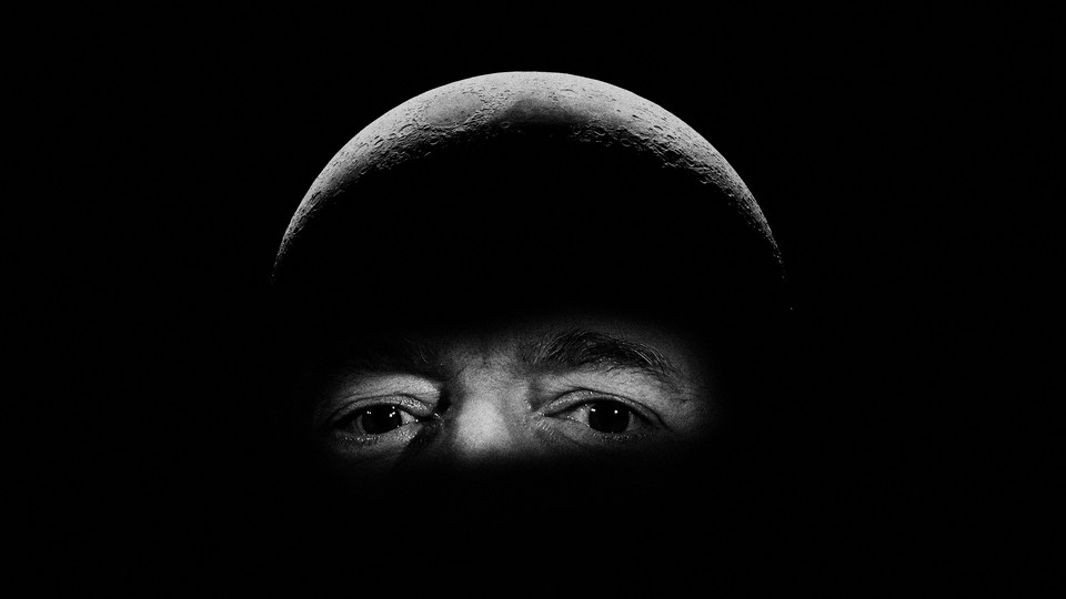 A photograph of Jeff Bezos that has been edited to portray the billionaire's head as the surface of the moon