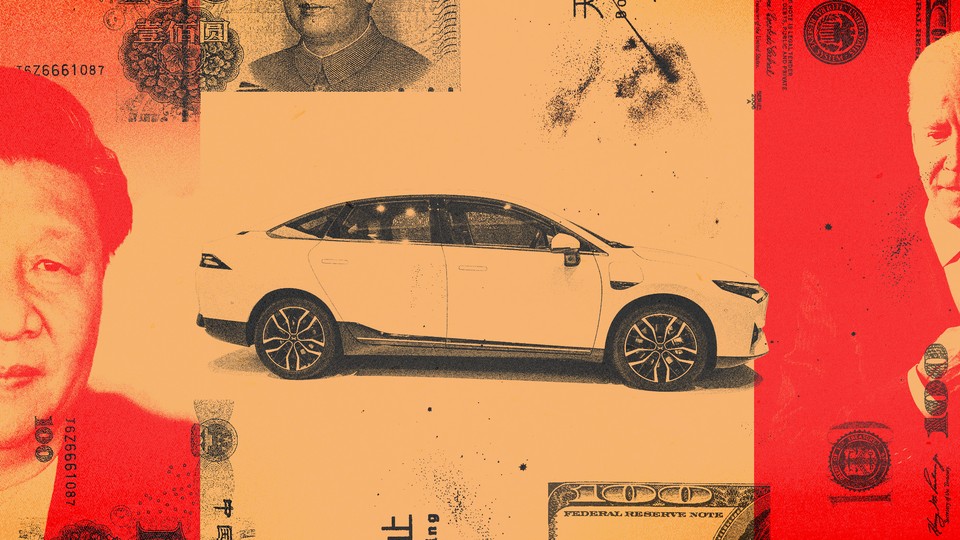 A collage featuring Xi Jinping, Joe Biden, an electric car, and 100 renminbi and $100 notes