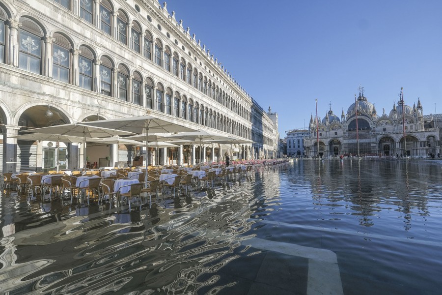 St. Mark's Square in Venice, covered by ankle-deep floodwater