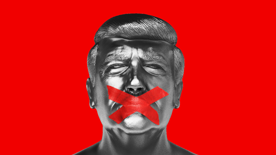 An illustration of a statue of Donald Trump with red tape over his mouth.