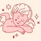 A tattoo-like drawing of a sleeping cherub with a heart under one eye