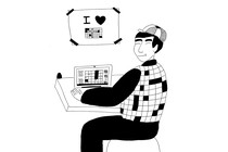 Illustration of a person wearing a crossword jacket and sitting at a desk, working on a crossword puzzle on a laptop. An "I Heart Crosswords" poster is taped up on the wall.