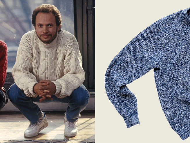 A photo of the actor Billy Crystal wearing a sweater, next to a photo of a lower quality sweater 