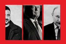 A triptych of photo images of Zelensky, Trump, and Putin