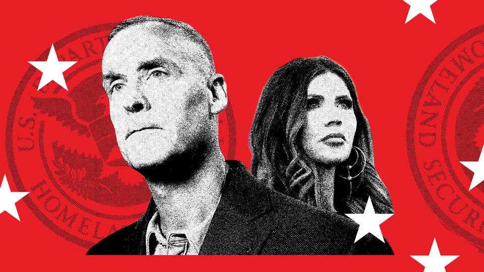 Graphic illustration showing cut-out black-and-white photos of Kristi Noem and Corey Lewandowski set against a red background with repeating DHS logos.