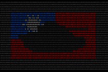 An illustration composed of ones and zeros that shows a Taiwanese flag with a silhouette of a tank