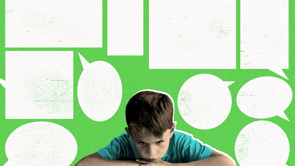 A custom illustration featuring a kid reading a book and empty thought bubbles