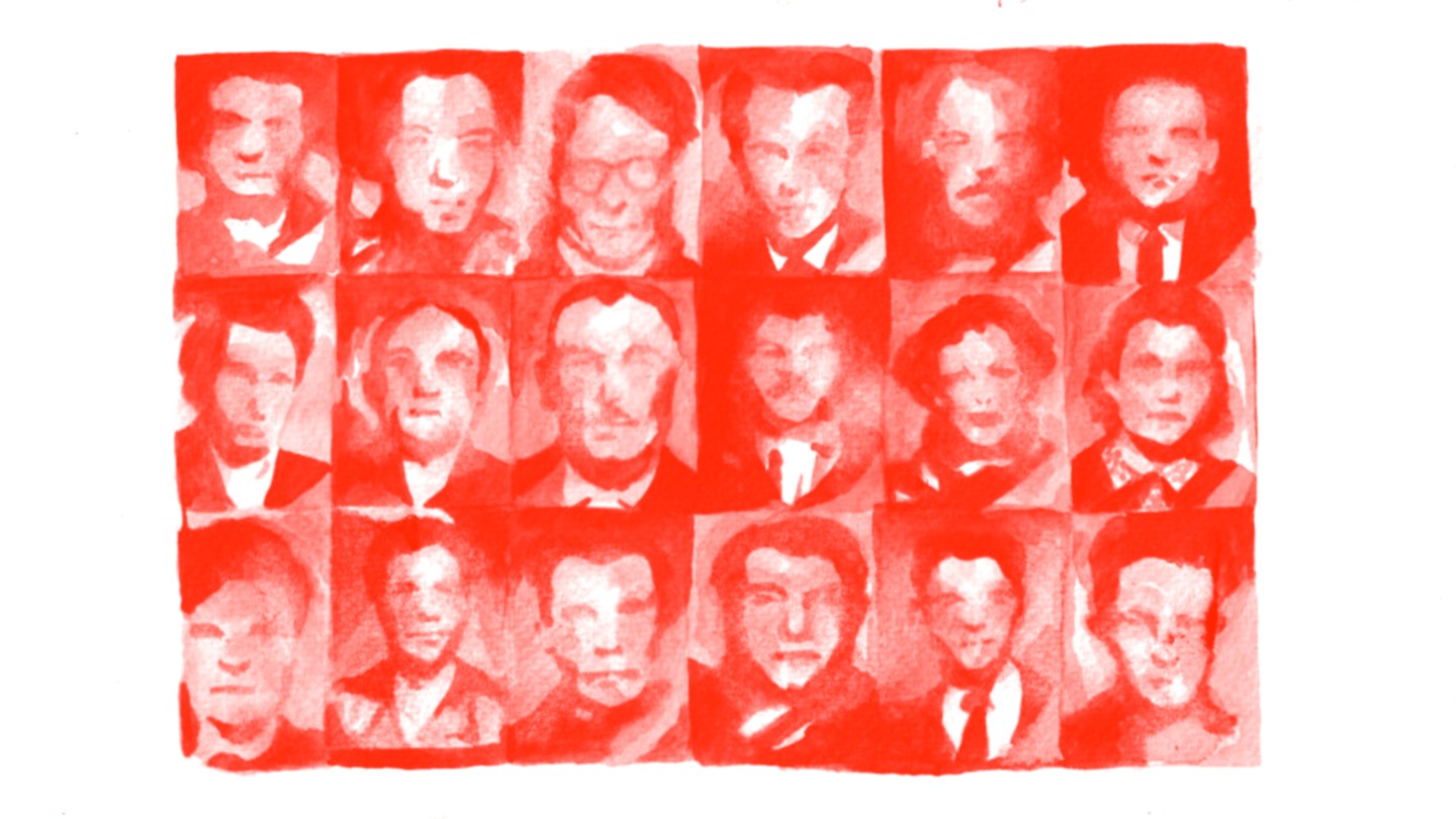 A grid of blurred faces painted in red