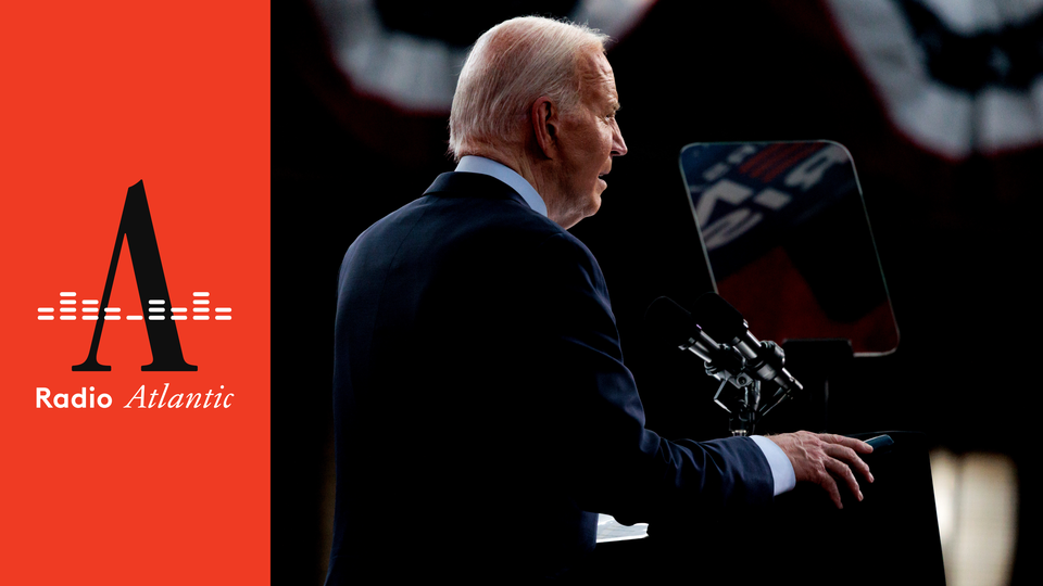 A photo splice of the "Radio Atlantic" logo on the left and a color photograph of President Joe Biden at a lectern on the right.