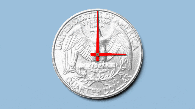 Artwork of the hands of a clock spinning on the back side of a quarter coin.