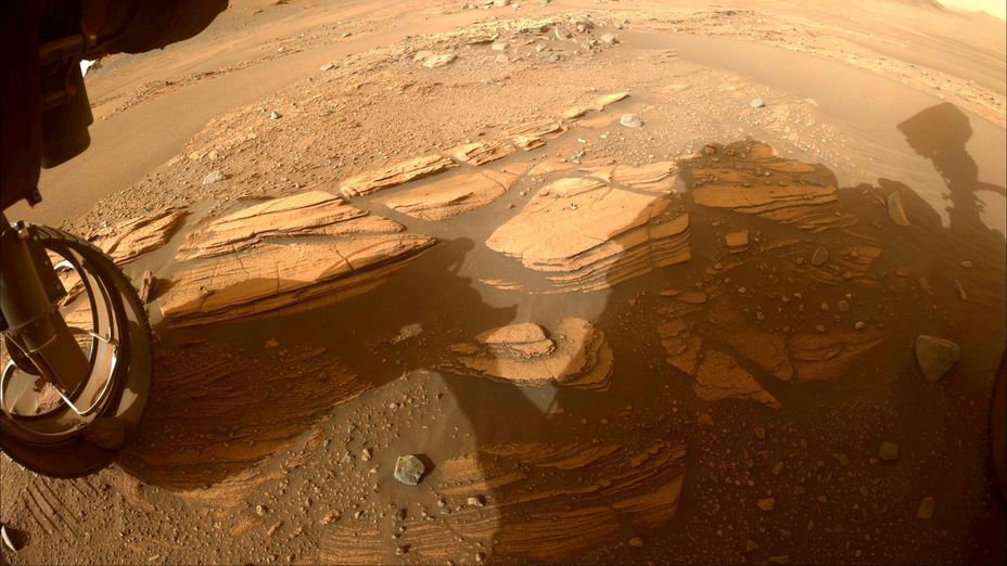A picture of sedimentary rock on Mars, taken by the Perseverance rover's hazard cameras