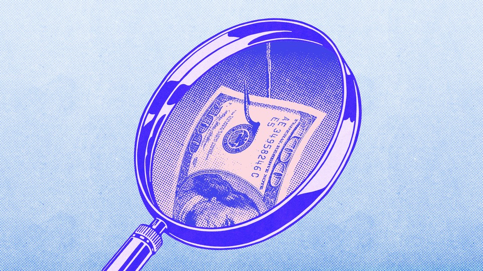 An illustration of a magnifying glass looking at a $100 bill skewered by a fish hook.