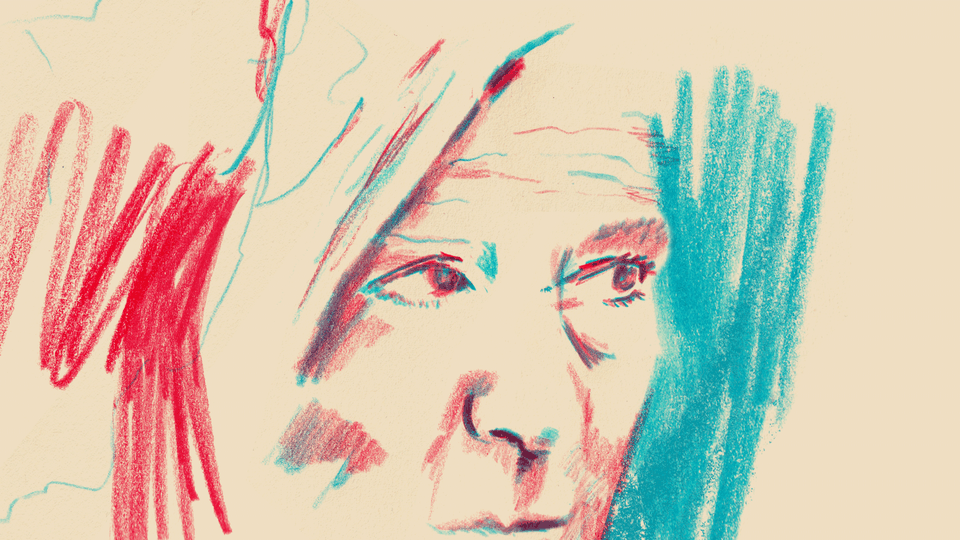 A stencil drawing of Marine Le Pen in the colors of the French flag