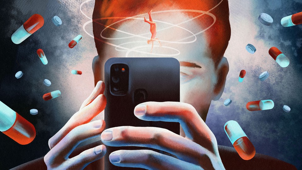 Illustration of a person using a phone surrounded by medication dropping from the sky