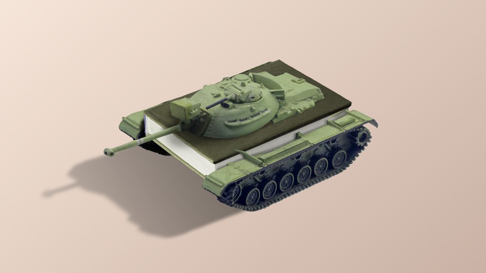 Graphic illustration of a green army tank whose chassis is a hardcover book.
