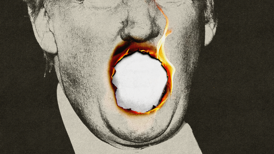 Black-and-white close-up image of Donald Trump speaking with the photograph burning a hole where Trump’s mouth is.