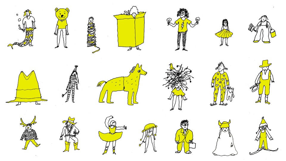 Rows of children in crazy costumes