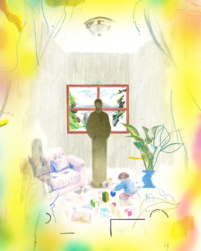 An illustration of a shaded figure of a father standing in a colorful room with a child playing on the floor