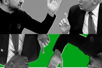 An illustration of Trump and Zelensky arguing, with an inverted illustration beneath it