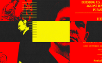 Red, yellow, and black collage showing pictures of Putin, DeSantis, soldiers, and books