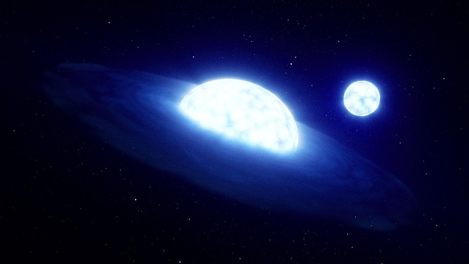 An illustration of two very bright stars, glowing blue, orbiting 1,000 light-years from Earth