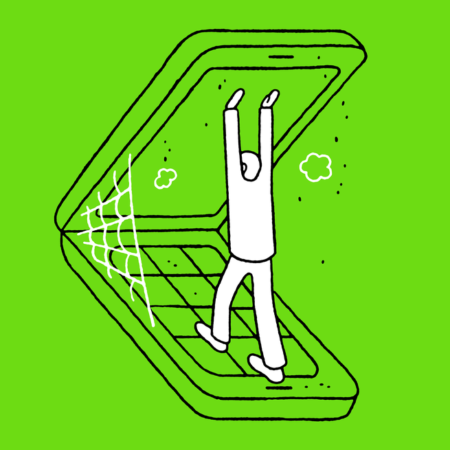 Illustration of person opening giant flip phone with spiderweb and dust on green background