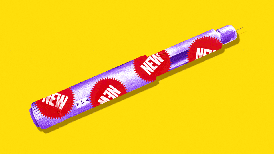 Red starburst sticker that says 'NEW' on a GLP-1 injector pen