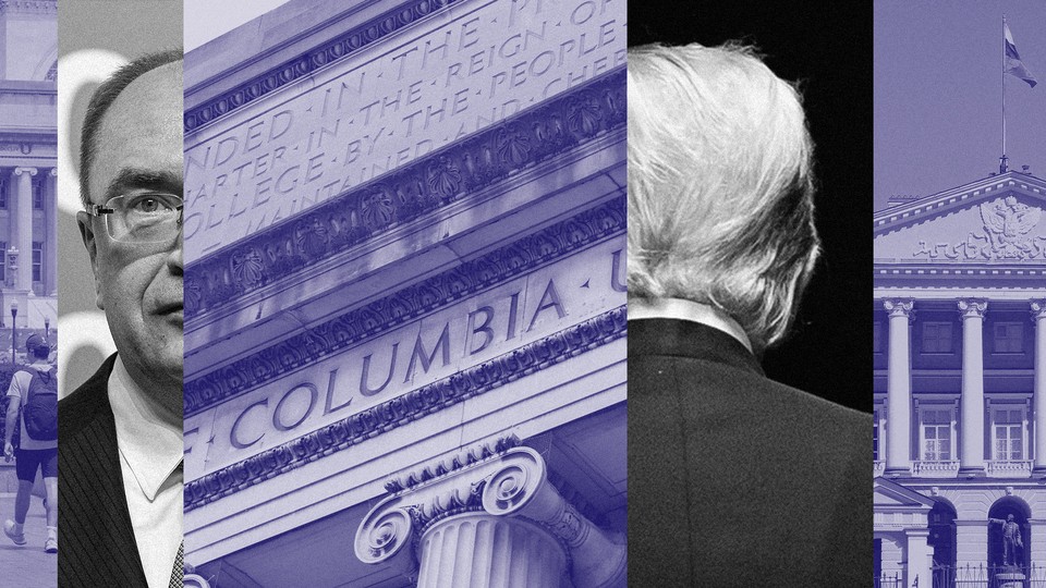 A photo-illustration showing Columba University, Nikolay Kropachev, and Donald Trump