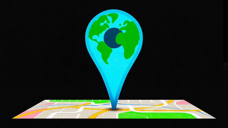 Illustration of a large pin shaped like the Earth on top of a street map