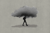 A drawing of a teenager walking beneath a rain cloud.